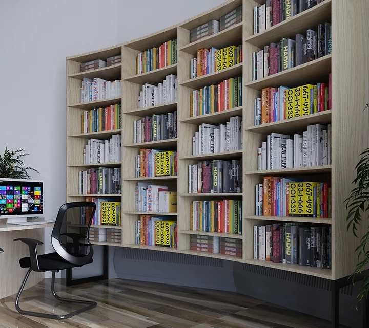 Senior staff library with rows of bookshelves filled with books, comfortable seating areas, and a quiet, sophisticated atmosphere for reading and research.