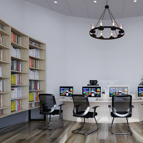 Senior staff library with rows of bookshelves filled with books, comfortable seating areas, and a quiet, sophisticated atmosphere for reading and research.