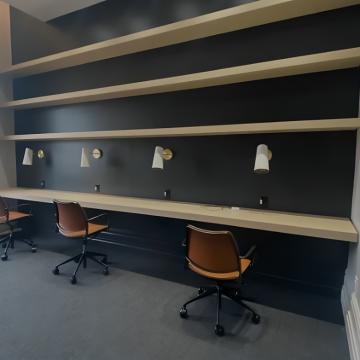 Completed floating shelves at Galileo Health, featuring minimalist design and functional storage solutions.