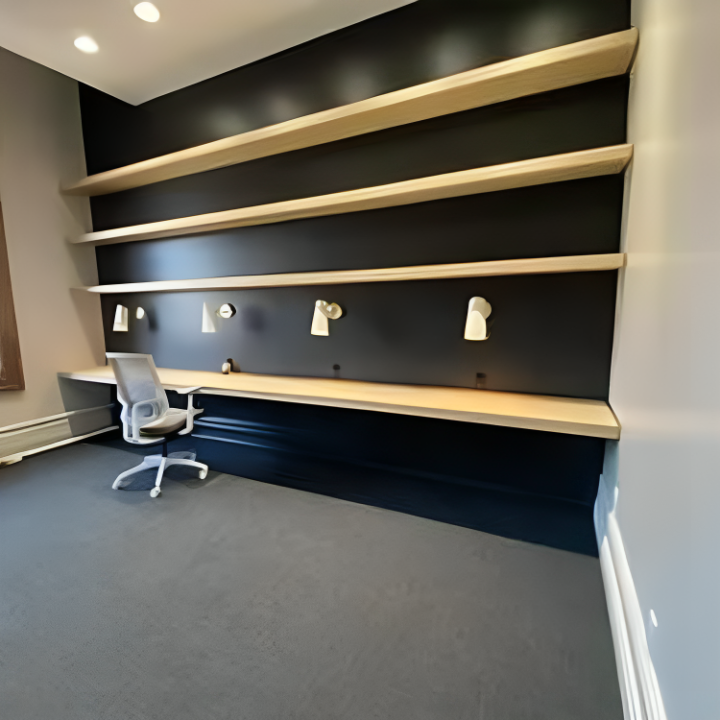 Completed floating shelves at Galileo Health, featuring minimalist design and functional storage solutions.