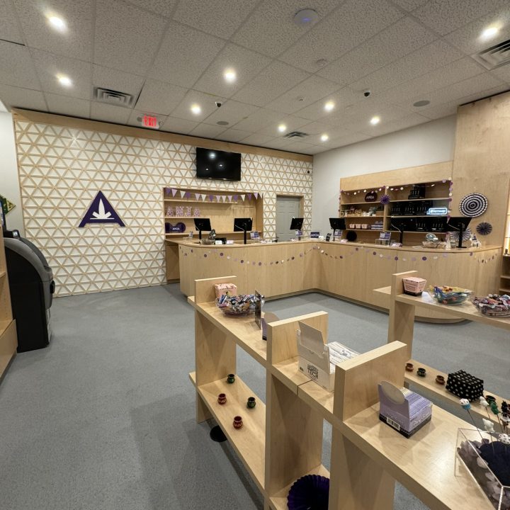 Interior of Anja Dispensary, completed in 2023, featuring custom millwork including modern wooden fixtures and intricate designs, located in Woodbridge, NJ.