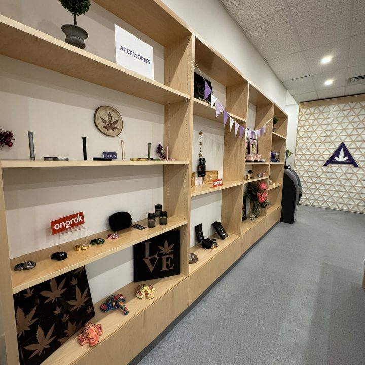 Interior of Anja Dispensary, completed in 2023, featuring custom millwork including modern wooden fixtures and intricate designs, located in Woodbridge, NJ.