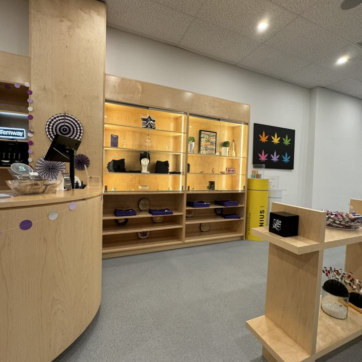 Interior of Anja Dispensary, completed in 2023, featuring custom millwork including modern wooden fixtures and intricate designs, located in Woodbridge, NJ.